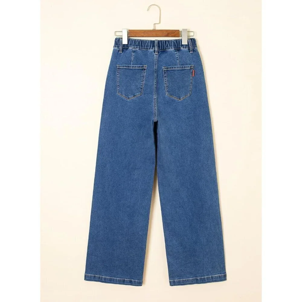 Women's Wide Leg High Waist Drawstring Jeans Stretchy Baggy Casual Pant